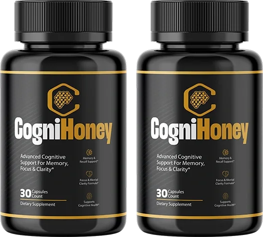2 black CogniHoney capsule bottles with a gold band