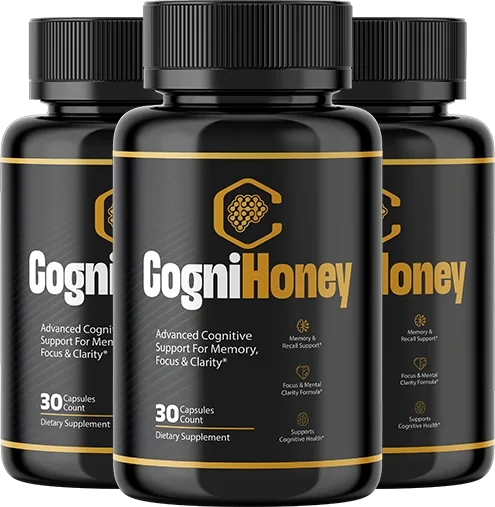 3 black CogniHoney capsule bottles with a gold band