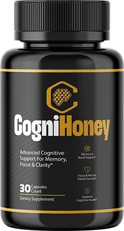 One black CogniHoney capsule bottle render with the front text, three icon lines and the count