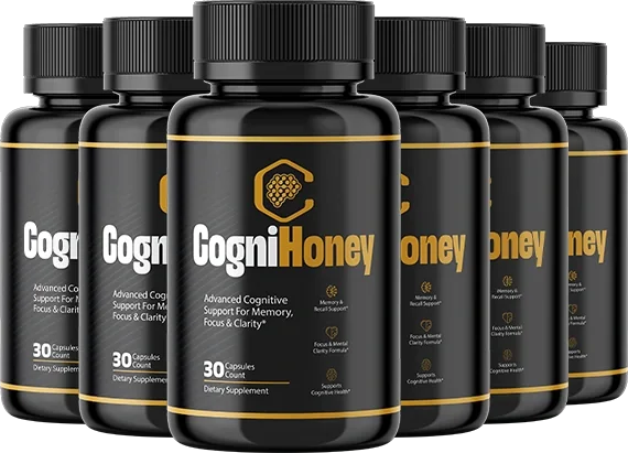 6 black CogniHoney capsule bottles with a gold band